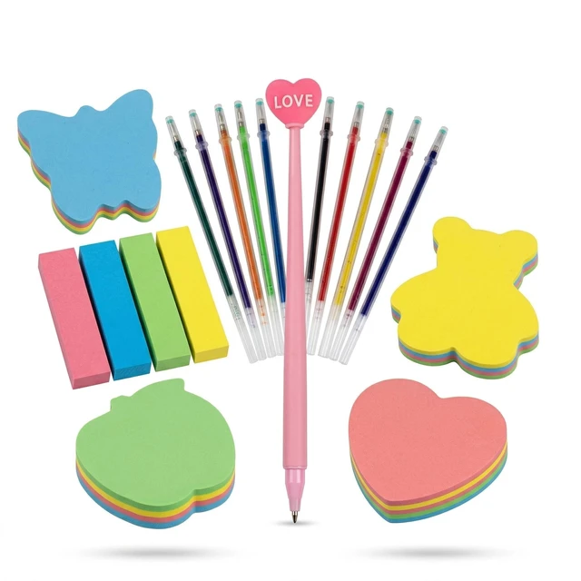 Main image of 800pcs Super Sticky Note Paper. Heart Shape. Butterfly Shape. Bear Shape. Apple Shape. Index Labels. Page Number Markers. Love Pen and a 12-Color Glossy Pen core Combo Set.