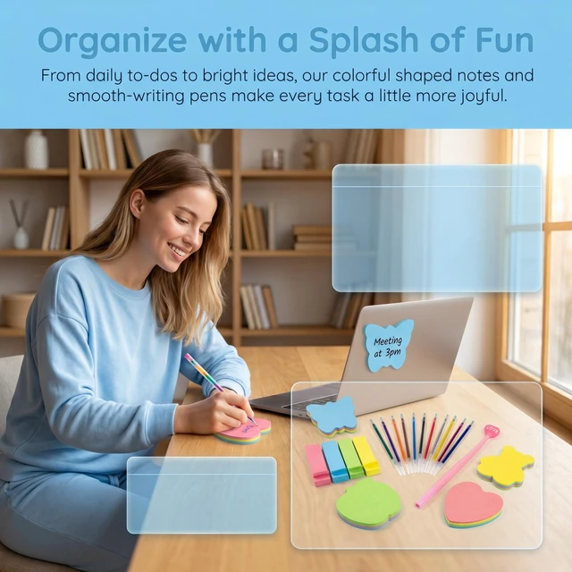 Alt view image 6 of 7 - 800pcs Super Sticky Note Paper. Heart Shape. Butterfly Shape. Bear Shape. Apple Shape. Index Labels. Page Number Markers. Love Pen and a 12-Color Glossy Pen core Combo Set.