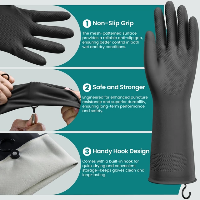 Alt view image 2 of 6 - 4 Pairs Rubber Dishwashing Gloves with Hanging Hooks - Reusable Cleaning Gloves for Kitchen & Household, Non-Slip, Durable and Flexible (Medium, 4 Colors: Black, Pink, Blue, Purple)
