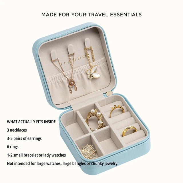 Alt view image 5 of 7 - VLANDO Small Travel Jewelry Box Organizer Display Case for Girls Women Gift Rings Earrings Necklaces Storage, Blue