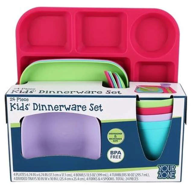 Main image of Your Zone Kids Dinnerware Set, 24-Piece Plastic Plates, Bowls, Cups & Utensils, Pink Assorted