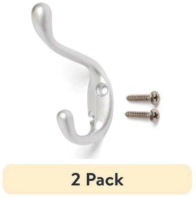 Main image of (2 pack) Mainstays, Double Hook Satin Nickel Metal Hook for Hanging Towels and Coats, 10 lbs Capacity, 1 ct