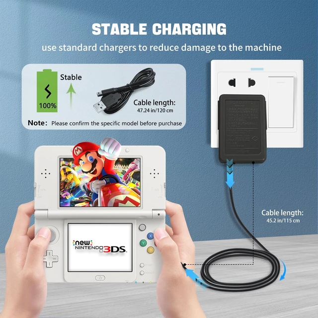 Alt view image 4 of 6 - 3DS Charger AC Wall Adapter Compatible with 3DS XL, DSi XL, New 3DS & 2DS - Universal 100-240V Replacement Power Cord for Handheld Console (Black)
