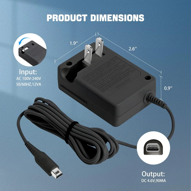 Alt view image 6 of 6 - 3DS Charger AC Wall Adapter Compatible with 3DS XL, DSi XL, New 3DS & 2DS - Universal 100-240V Replacement Power Cord for Handheld Console (Black)