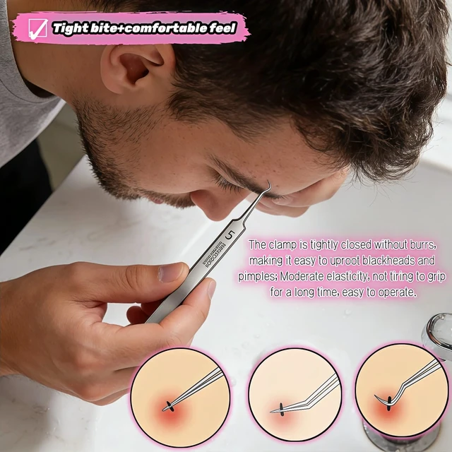 Alt view image 2 of 7 - Stainless Steel Blackhead Remover Tweezers Set, 3-Piece Pimple Extractor Tool Kit with Straight, Angled and Curved Tips, Storage Case