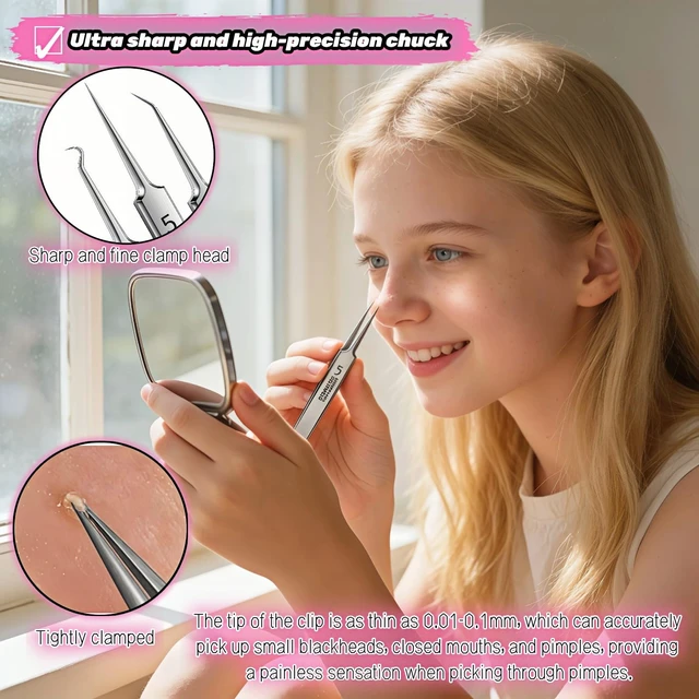Alt view image 4 of 7 - Stainless Steel Blackhead Remover Tweezers Set, 3-Piece Pimple Extractor Tool Kit with Straight, Angled and Curved Tips, Storage Case