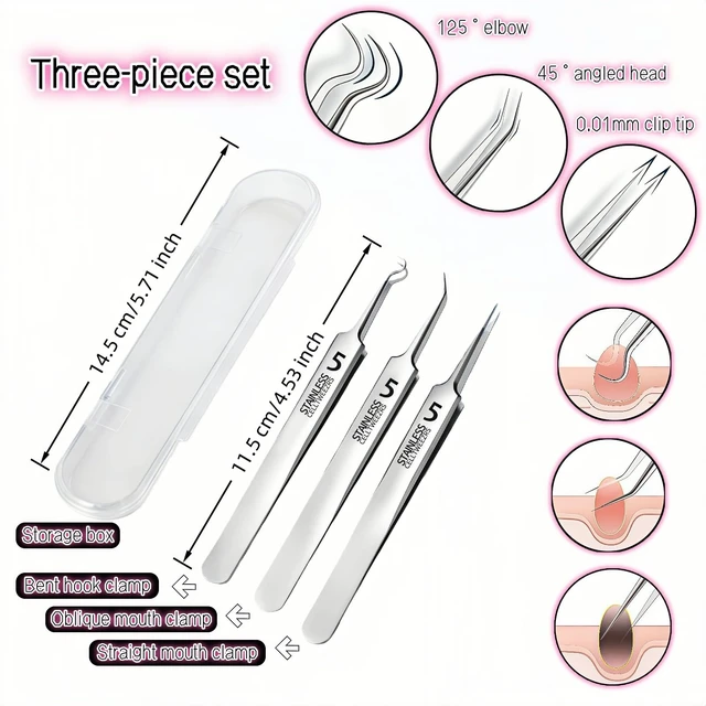 Alt view image 5 of 7 - Stainless Steel Blackhead Remover Tweezers Set, 3-Piece Pimple Extractor Tool Kit with Straight, Angled and Curved Tips, Storage Case