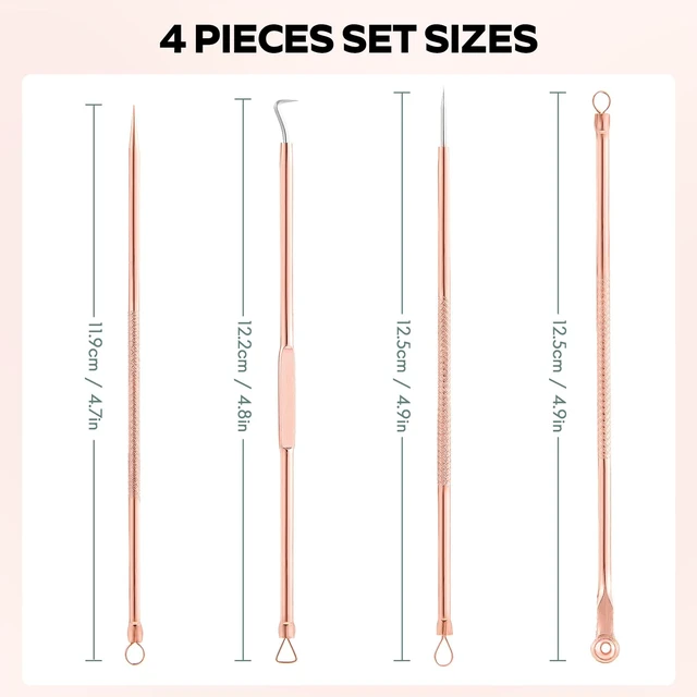 Alt view image 2 of 6 - FEITA 4-Piece Stainless Steel Blackhead Remover and Acne Pimple Popper Tool Kit for Nose and Face, Rose Gold