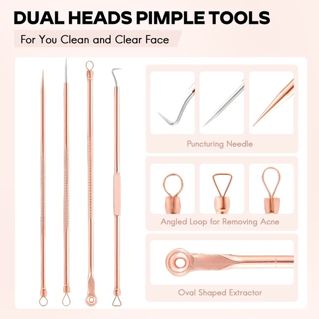 Alt view image 5 of 6 - FEITA 4-Piece Stainless Steel Blackhead Remover and Acne Pimple Popper Tool Kit for Nose and Face, Rose Gold