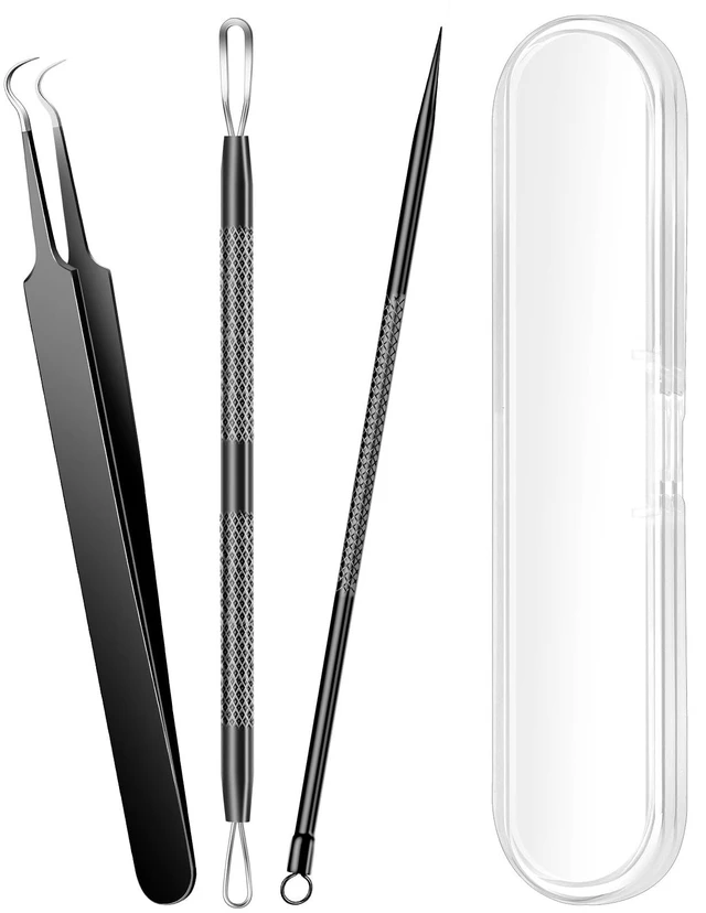 Main image of 3PCS Stainless Steel Pimple Extractor Acne Treatment Tool, Blackhead Comedone Removal Popper for Face and Nose (Black)