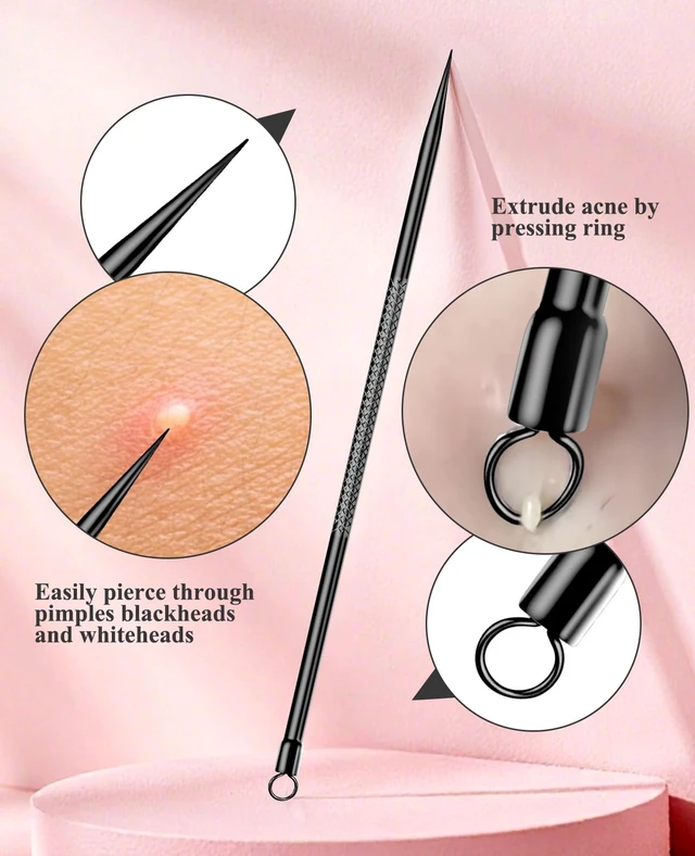 Alt view image 6 of 7 - 3PCS Stainless Steel Pimple Extractor Acne Treatment Tool, Blackhead Comedone Removal Popper for Face and Nose (Black)