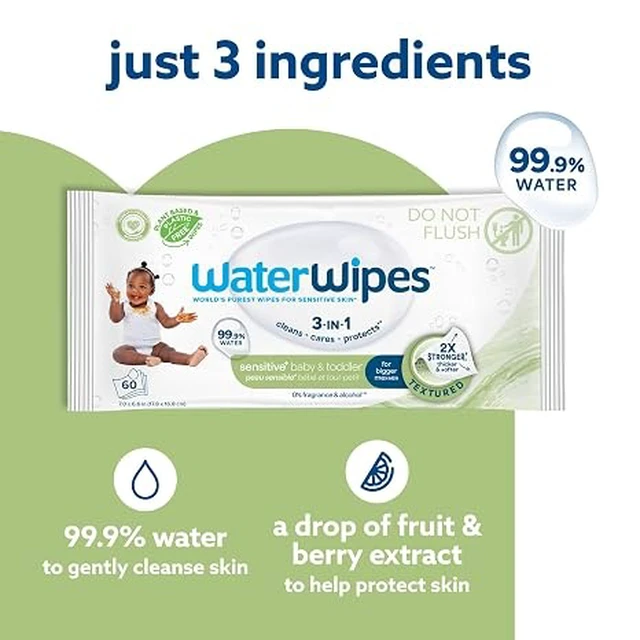 Alt view image 7 of 7 - WaterWipes Sensitive+ Baby & Toddler Wipes, 3-In-1 Cleans, Cares, Protects, 99.9% Water, Textured Clean, Unscented & Hypoallergenic, 60 Count (1 Pack)