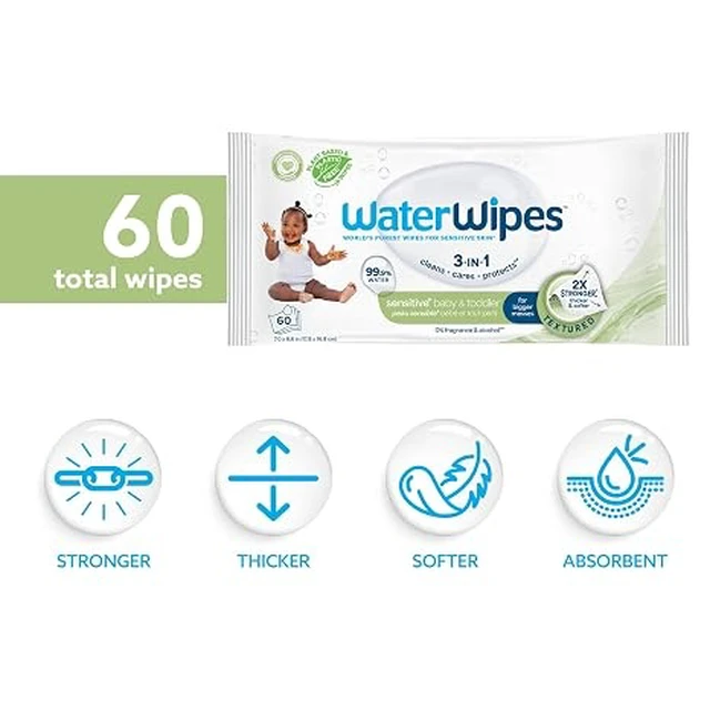 Alt view image 2 of 7 - WaterWipes Sensitive+ Baby & Toddler Wipes, 3-In-1 Cleans, Cares, Protects, 99.9% Water, Textured Clean, Unscented & Hypoallergenic, 60 Count (1 Pack)