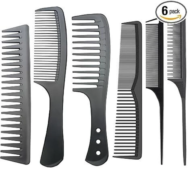 Main image of Professional Comb Set Black 6 Piece - Carbon Fiber Anti Static And Heat Resistant Comb-Fine and Wide Tooth Combs for Men and Women - Parting Teasing and Hair Styling