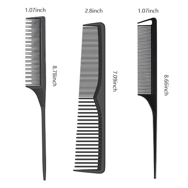 Alt view image 3 of 6 - Professional Comb Set Black 6 Piece - Carbon Fiber Anti Static And Heat Resistant Comb-Fine and Wide Tooth Combs for Men and Women - Parting Teasing and Hair Styling