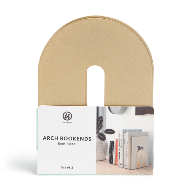 Alt view image 5 of 6 - U Brands Bent Metal Arch Bookends, Industrial, Set of 2, 6.7 x 5 x 4.7 in., Gold