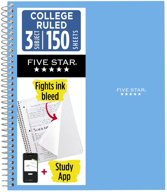 Main image of Five Star 820003NH0 Spiral Notebook, 3 Subject, College Ruled, 8.5" x 11", 150 Sheets, Blue (Color May Vary) + Study App
