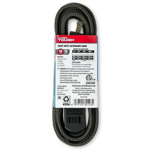 Alt view image 2 of 3 - Hyper Tough Indoor Extension Cord 10 ft with 3 Outlets, 2 Prong, Braided Cord, Black