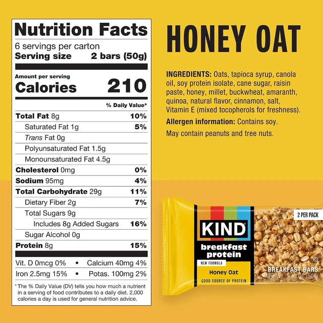 Main image of KIND Breakfast Protein Bars, Honey Oat, Gluten Free, Low Sodium, 8g Protein, 6 Count (12 Bars)