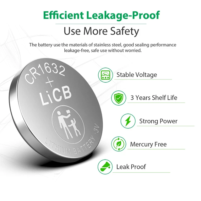 Alt view image 3 of 6 - LiCB 5 Pack CR1632 3V Lithium Coin Button Cell Battery for Car Remote Key Fob