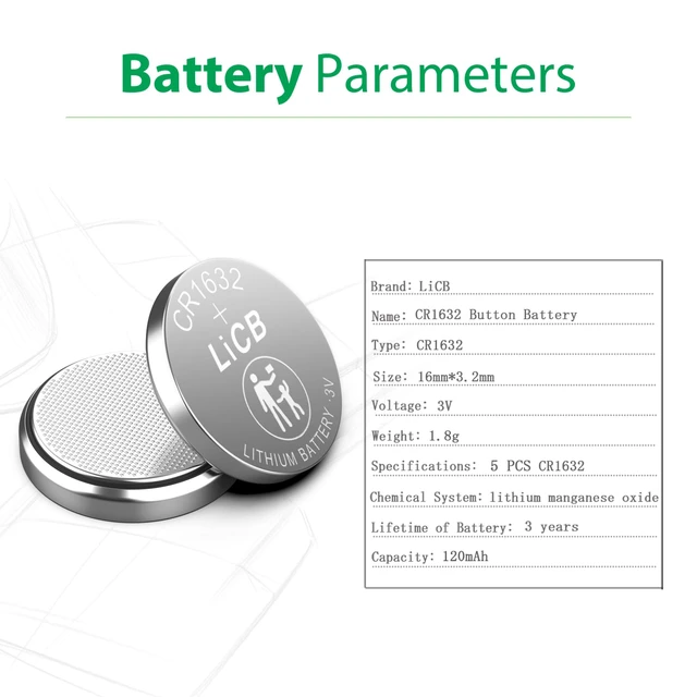 Alt view image 4 of 6 - LiCB 5 Pack CR1632 3V Lithium Coin Button Cell Battery for Car Remote Key Fob