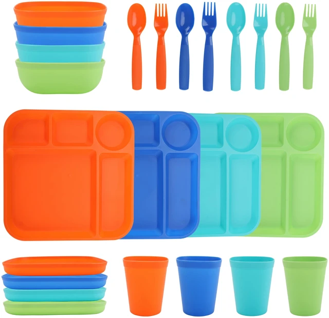 Main image of Your Zone Kids Dinnerware Set, 24-Piece Plastic Tableware Set with Divided Trays, Plates, Bowls, Cups & Utensils, Multicolor