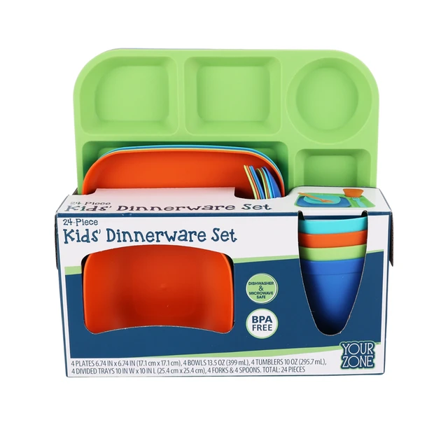 Alt view image 3 of 6 - Your Zone Kids Dinnerware Set, 24-Piece Plastic Tableware Set with Divided Trays, Plates, Bowls, Cups & Utensils, Multicolor