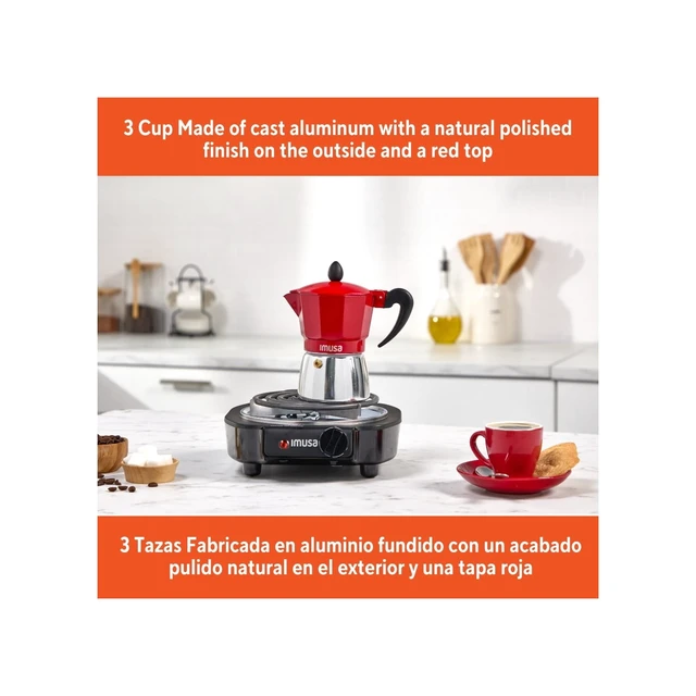 Alt view image 3 of 6 - IMUSA 3cup Cast Aluminum Stovetop Coffeemaker with Red Top