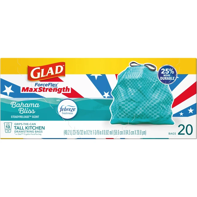 Alt view image 5 of 5 - Glad ForceFlex MaxStrength 13-Gallon Teal Drawstring Tall Kitchen Trash Bags, Febreze Freshness Bahama Bliss Scent, 20 Bags