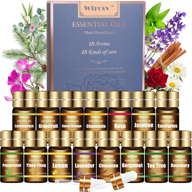 Main image of Essential Oils Set - Top 15 Scents for Diffuser, Humidifier, Skin Care, Aromatherapy, Massage, Candle & Soap Making - Fragrance Gift Set (5ml)