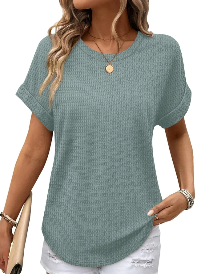 Main image of Sampeel Summer Tops for Women 2026 Trendy Rolled Short Sleeve Shirts Waffle Knit Crew Neck Tops Curved Hem Fashion Clothing