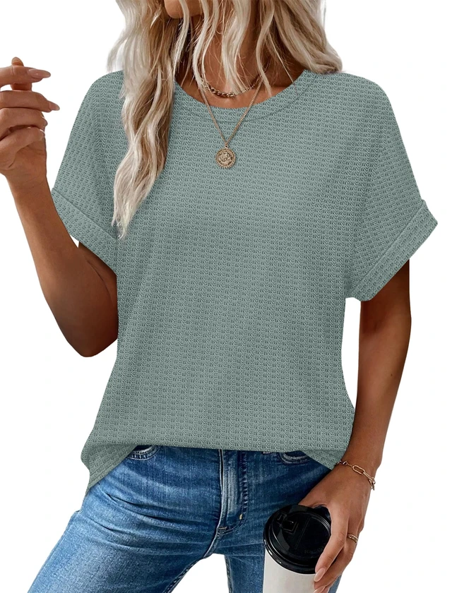 Alt view image 2 of 5 - Sampeel Summer Tops for Women 2026 Trendy Rolled Short Sleeve Shirts Waffle Knit Crew Neck Tops Curved Hem Fashion Clothing