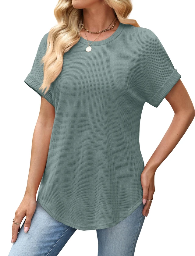 Alt view image 4 of 5 - Sampeel Summer Tops for Women 2026 Trendy Rolled Short Sleeve Shirts Waffle Knit Crew Neck Tops Curved Hem Fashion Clothing