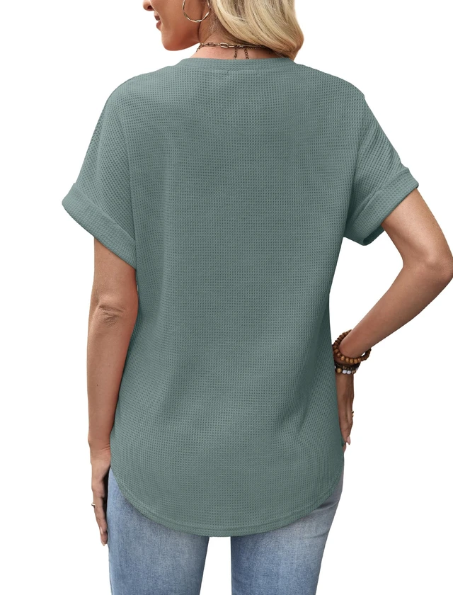 Alt view image 5 of 5 - Sampeel Summer Tops for Women 2026 Trendy Rolled Short Sleeve Shirts Waffle Knit Crew Neck Tops Curved Hem Fashion Clothing