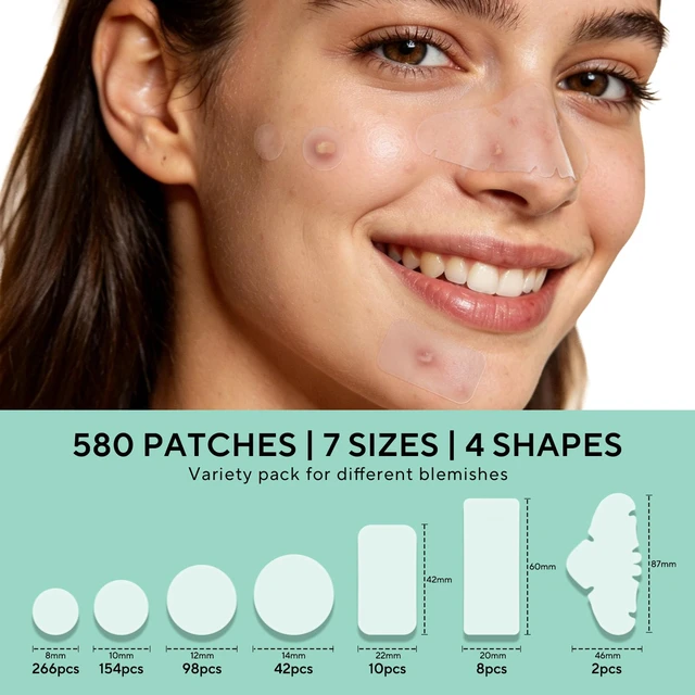 Alt view image 2 of 7 - QUSTERE 580 Count Pimple Patches for Face, Large Hydrocolloid Acne Patches Stickers Bandages, Blemishes Zit Breakouts for Cheeks, Forehead, Chin, Nose for Full Face & Body | 7 Sizes | 4 Shapes