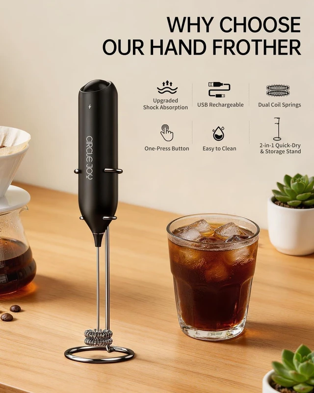 Alt view image 2 of 7 - CIRCLE JOY Rechargeable Milk Frother Handheld with Stand, Dual Spring Whisk Head Electric Coffee Frother Foam Maker, Portable Drink Mixer for Cappuccino, Latte, Matcha, Black