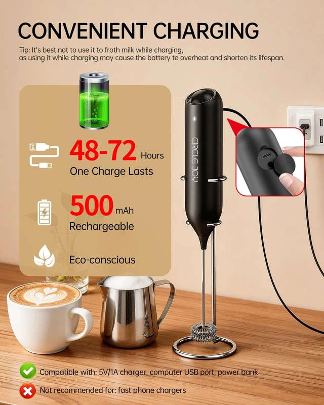 Alt view image 3 of 7 - CIRCLE JOY Rechargeable Milk Frother Handheld with Stand, Dual Spring Whisk Head Electric Coffee Frother Foam Maker, Portable Drink Mixer for Cappuccino, Latte, Matcha, Black