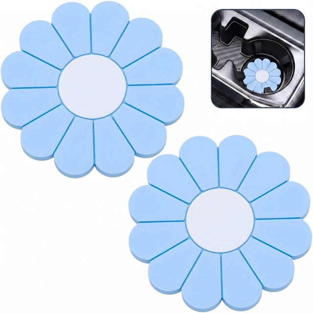 Main image of 2 PCS Car Cup Holder Coaster Inserts, Daisy Shape 2.75 Inch Non-Slip Silicone Cup Holder Insert Mat, Universal Non-Slip Waterproof Automotive Decor Beverage Pad for Most Cars (Light Blue)