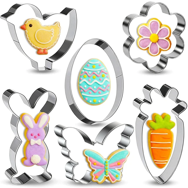 Main image of Easter Cookie Cutters 6 Pieces Metal cookie cutters Stainless Steel Sets Egg, Rabbit, Carrot, Chick, Butterfly, Daisy Shapes Cookie Cutter for Spring Holiday Baking