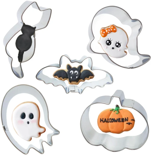 Main image of 5 Pieces Mini Halloween Cookie Cutters, Size 2.2" to 2.6" Small Stainless Steel Molds Ghost, Cat, Bat, Pumpkin Holiday Shapes for Halloween Party Decorations