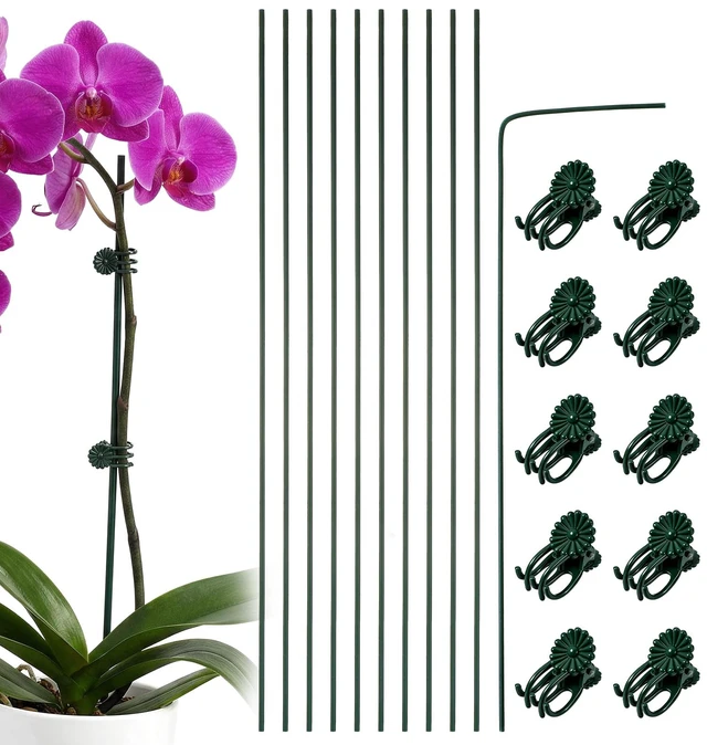 Main image of 10 Pcs Plant Stakes, 11.8 Inch Tall Flexible Orchid Support Stick | with 10pcs Clips, Bendable Single Stem Flower Holder Pole, for Indoor Outdoor, Garden, Potted Tomato, Rose Vegetable