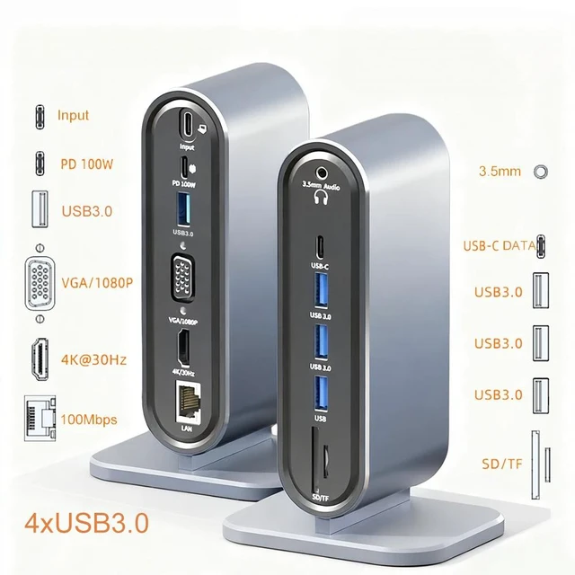 Main image of 12-in-1 Vertical Docking Station USB C HUB TYPE C Splitter Video Output 4K30Hz/LAN 100M/USB3.0 5Gbps/VGA 1080P/PD100W for Laptop Type-C Laptop