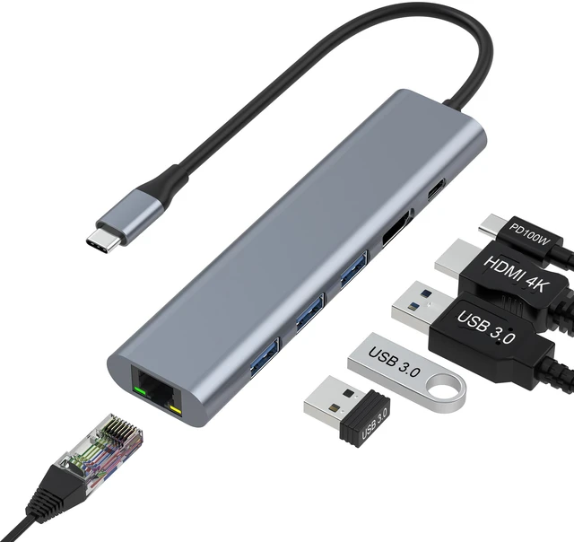 Main image of USB C Hub Video Output 4K, 6 in 1 Docking Station 3 USB 3.0 Ports, Type C Ethernet Adapter for Type-C Laptop/Laptop/Type-C Laptop,100W PD Charging