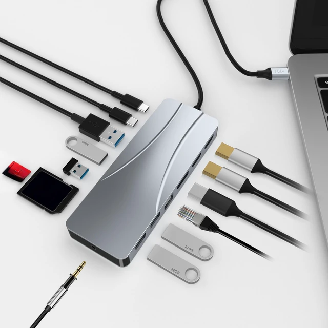 Main image of USB C Hub,14 in 1 Type C Adapter Docking Station with 2 Video Output and DP,60W Power Delivery,1 Gbps Ethernet,TF Card Slot,3.5mm Audio
