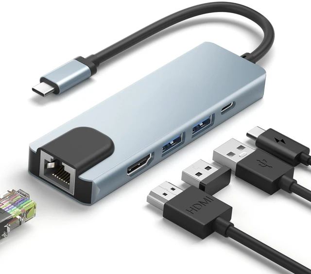 Main image of 5-in-1 USB C Docking Station With Video Output 4K@30Hz Video Output, Ethernet RJ45 60W PD, USB 3.0 5Gbps for Type-C Laptop, Laptop