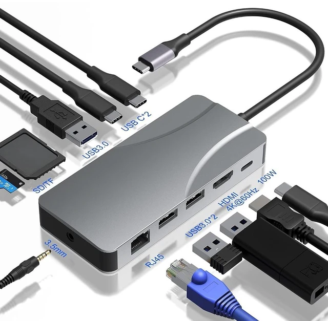 Main image of USB C Hub 11 in 1 to Video Output Adapter 4K 60Hz, Portable Docking Stations with PD 100W Recharge, SD/TF Card Reader, 1Gbps Ethernet
