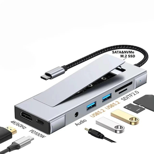 Main image of 8-in-1 M.2 SSD Docking Station with Disk Storage 10Gbps USB 3.2 HUB USB C To SATA+NVME Video Output Adapter For Laptop Type-C Laptop