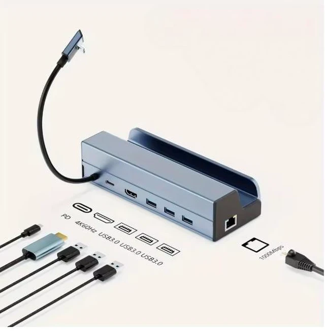 Main image of 6-in-1 Gaming Handheld Docking Station 4K Video Output 2.0 Gigabit Ethernet LAN 3x USB 3.0 PD 60W Charging Hub Dock Base Stand for Gaming Handheld