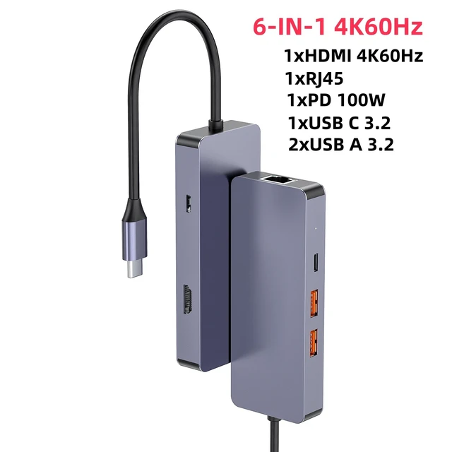 Main image of 6 IN 1 USB C HUB Type C to Video Output 4K60Hz USB A and USB C 3.2 Port 10Gbps RJ45 PD 100W Adapter for Type-C Laptop