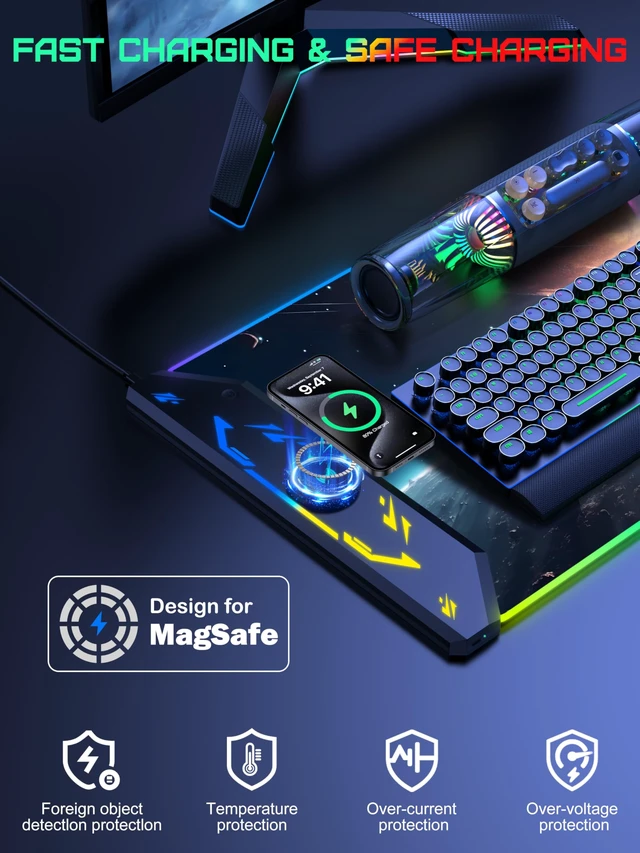 Alt view image 2 of 7 - 5-in-1 RGB Mouse Pad with Wireless Charging, Gaming Desk Mat, Cosmic Planet | 35.4" x 15.8" Waterproof Mousepad Keyboard Desk Pad, Ultra-Smooth Surface, Non-Slip Rubber Base, Dual Input Ports Design